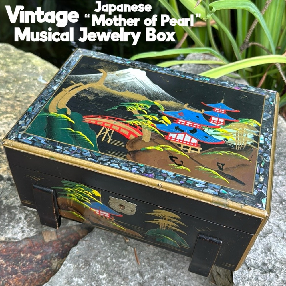 Vintage Japanese Music/Jewelry Box-Mother of Pearl Inlay-Lacquer Finish-Black
